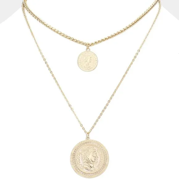 Gold Chain Double Layered Portrait Head Coin Link Necklace - Picture 6 of 11